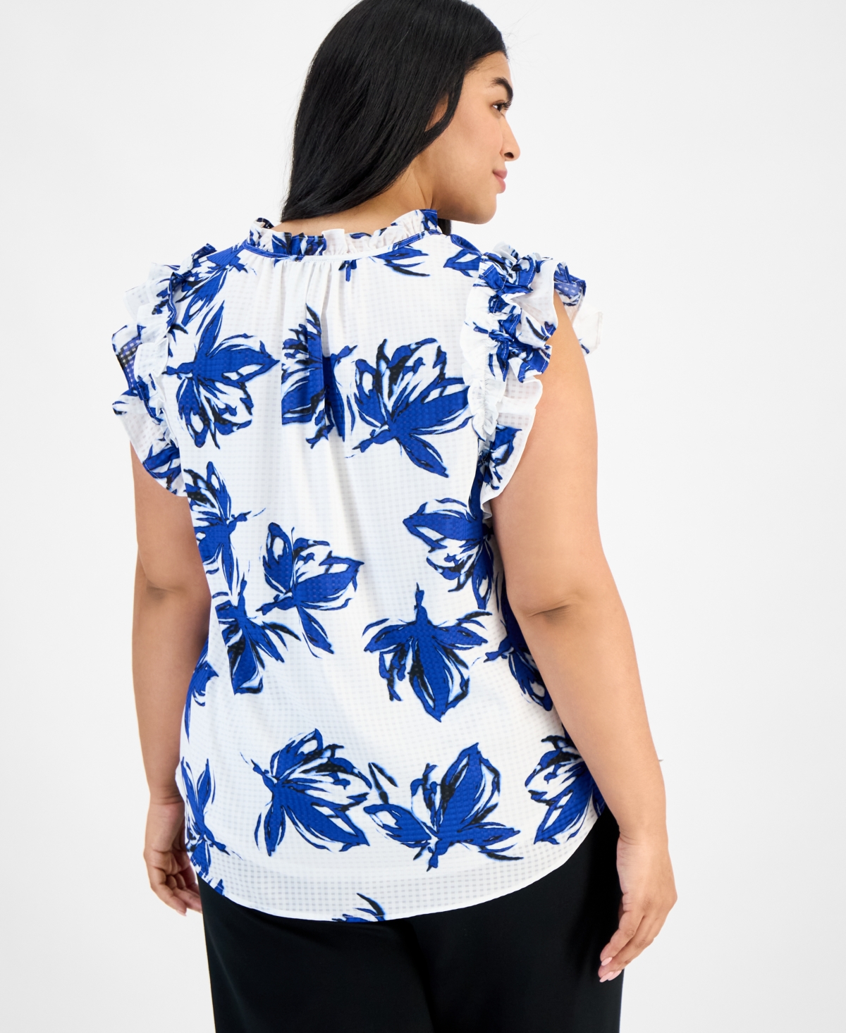 ANNE KLEIN PLUS SIZE DOUBLE RUFFLE TIE-FRONT BLOUSE 