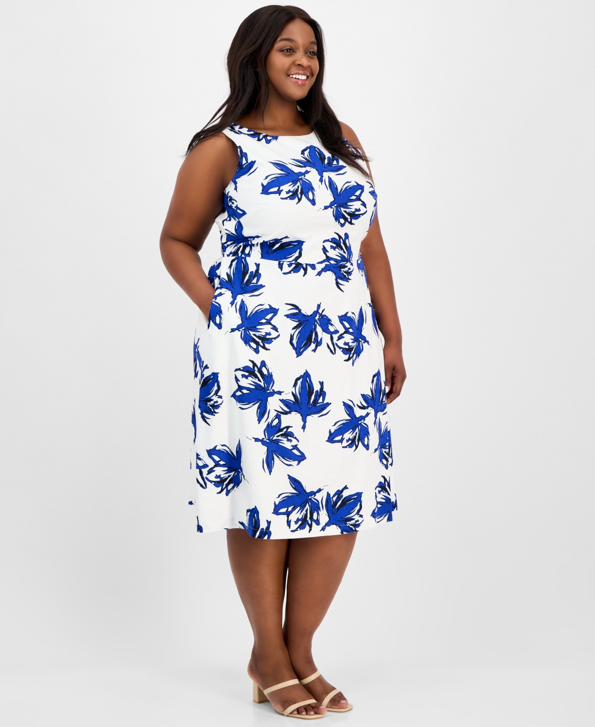 Anne Klein Plus Size Floral-print Linen-blend Fit & Flare Dress In Santorini Blue Multi