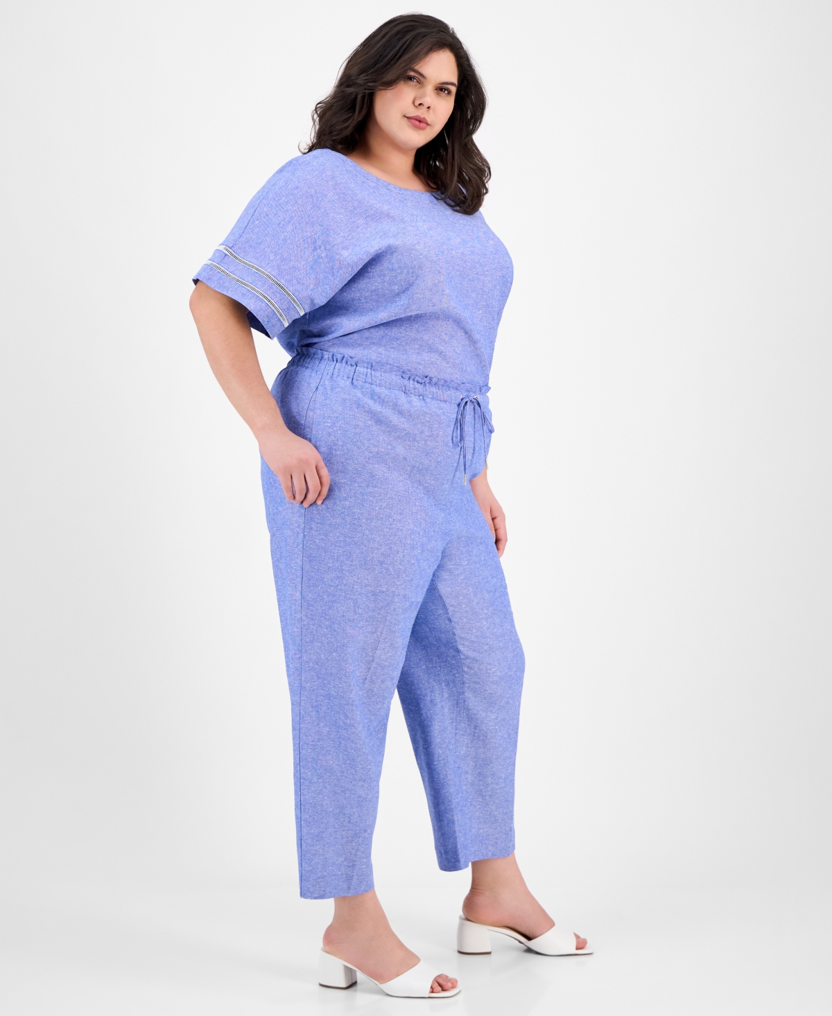 Anne Klein Plus Size Wide-leg High-rise Pants In Santorini Blue,bright White