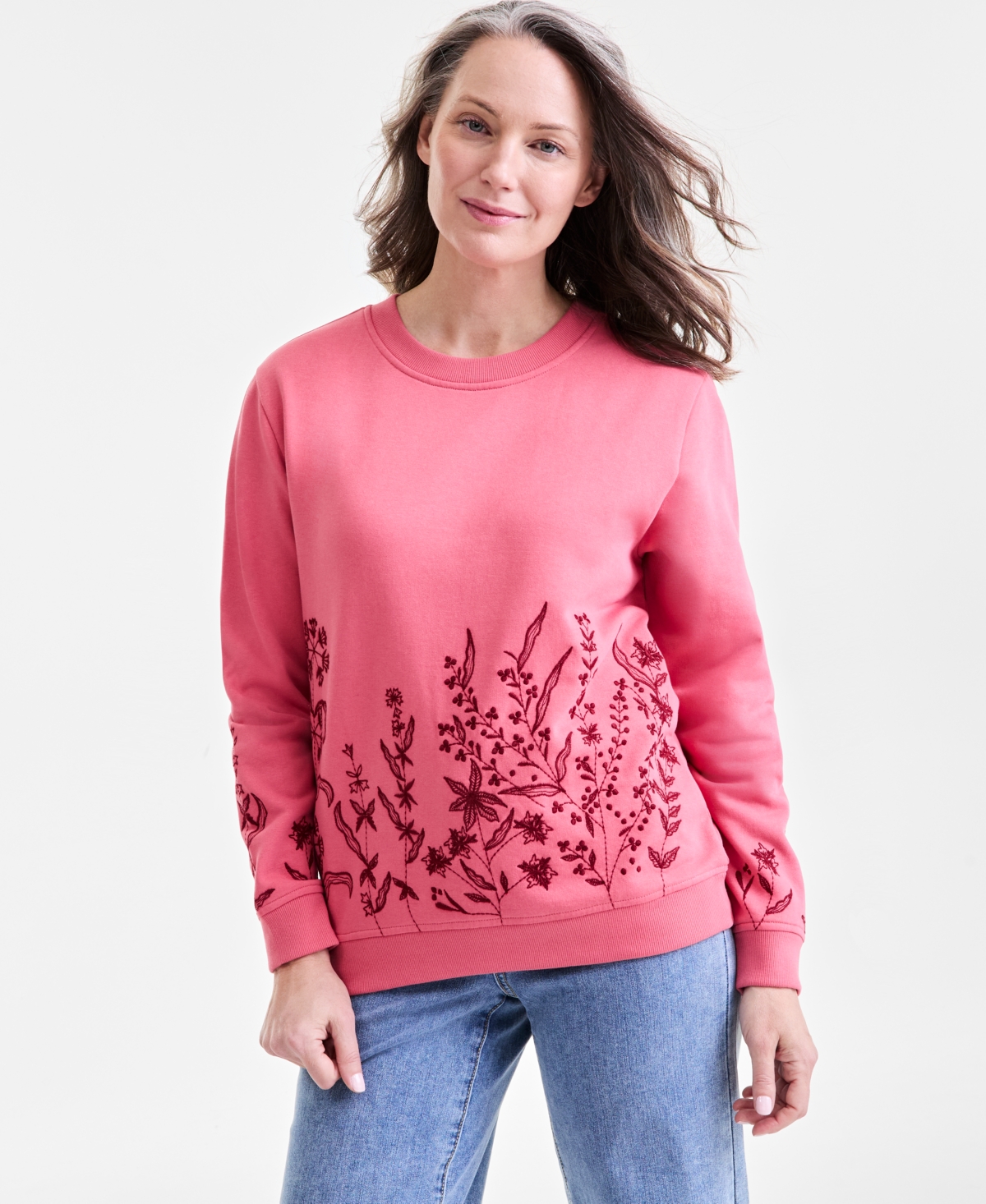 Women's Embroidered Crewneck Fleece Sweatshirt, Exclusively at Macy's - Floral Red