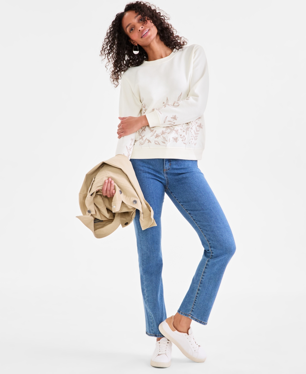 Style & Co Women's Embroidered Crewneck Fleece Sweatshirt, Exclusively At Macy's In Floral White
