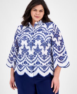 Anne Klein - Plus Size Cotton Embroidered Eyelet Blouse