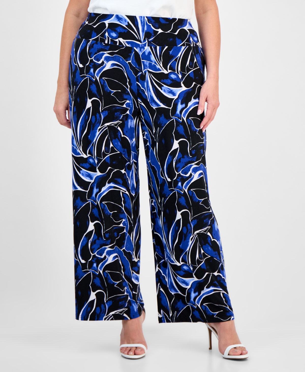 Anne Klein Plus Size High-rise Pull-on Palazzo Pants In Santorini Blue Multi