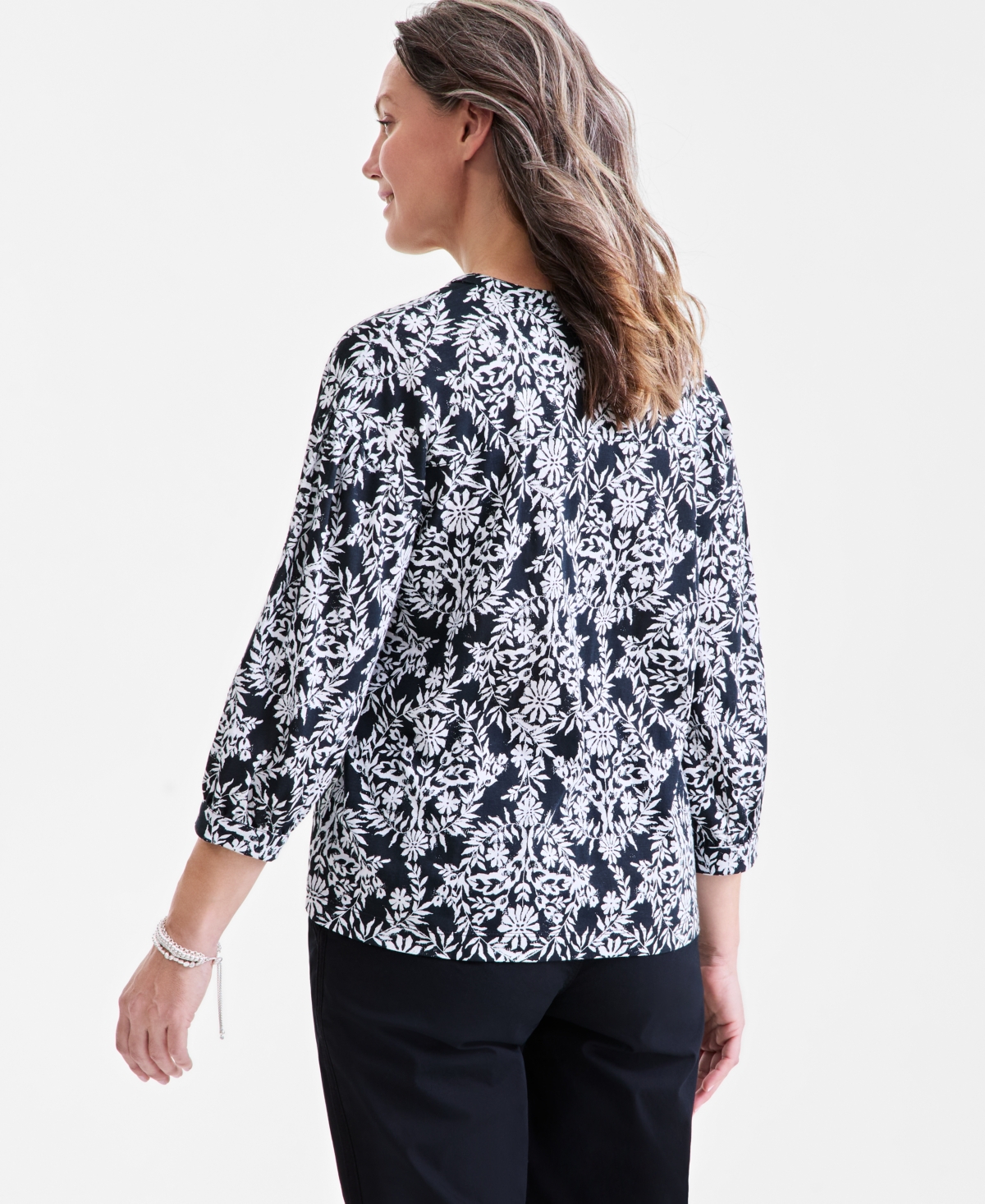 STYLE & CO PETITE PRINTED 3/4-SLEEVE TOP, EXCLUSIVELY AT MACY'S 