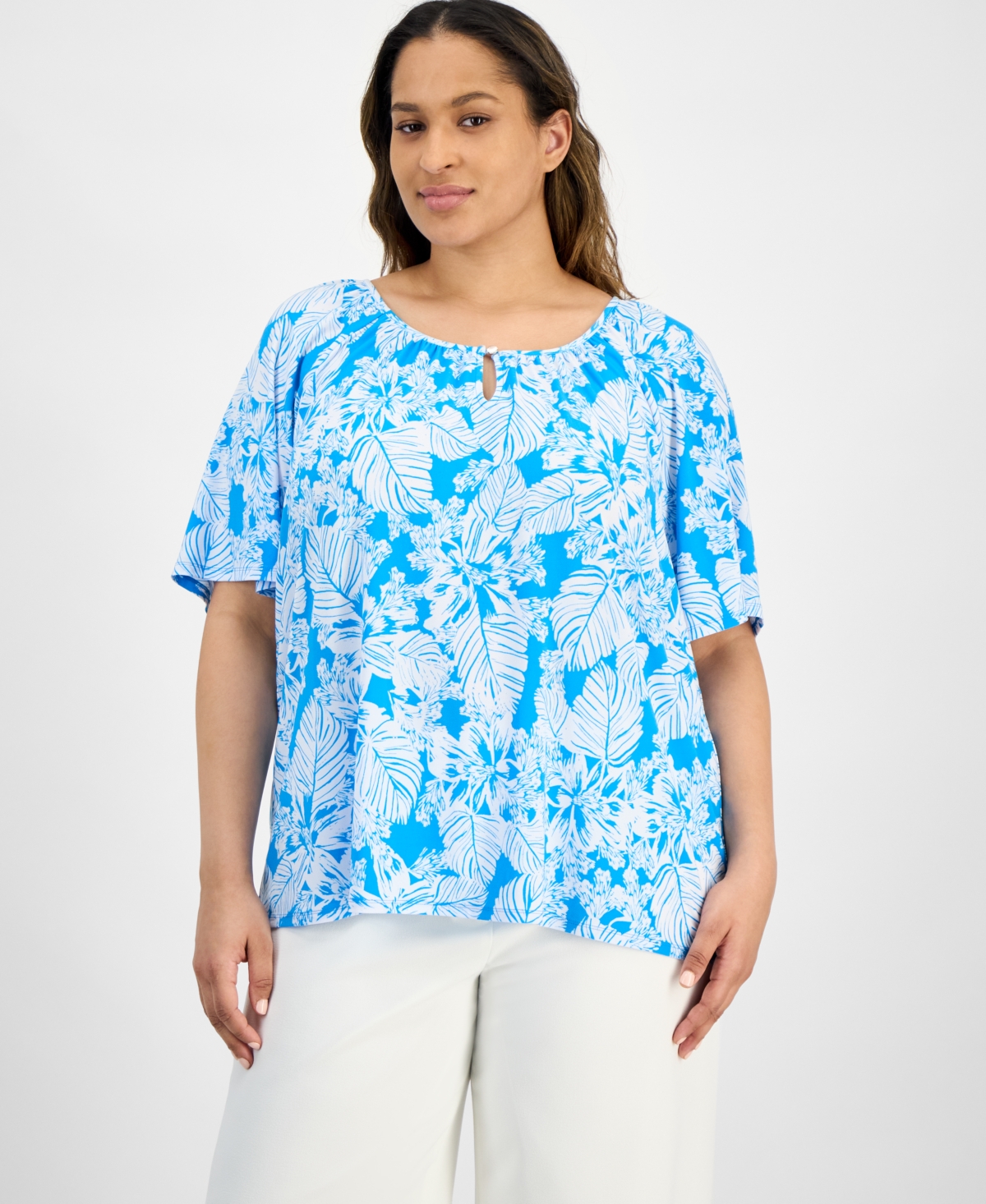 Ak Anne Klein Plus Size Printed Gathered Keyhole-neck Top In Tropical Blue,bright Wite