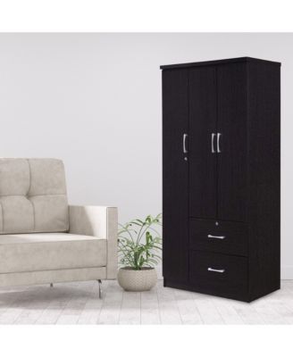 Import 3 Door Armoire with Clothing Rod, Shelves, and 2 Drawers, Black