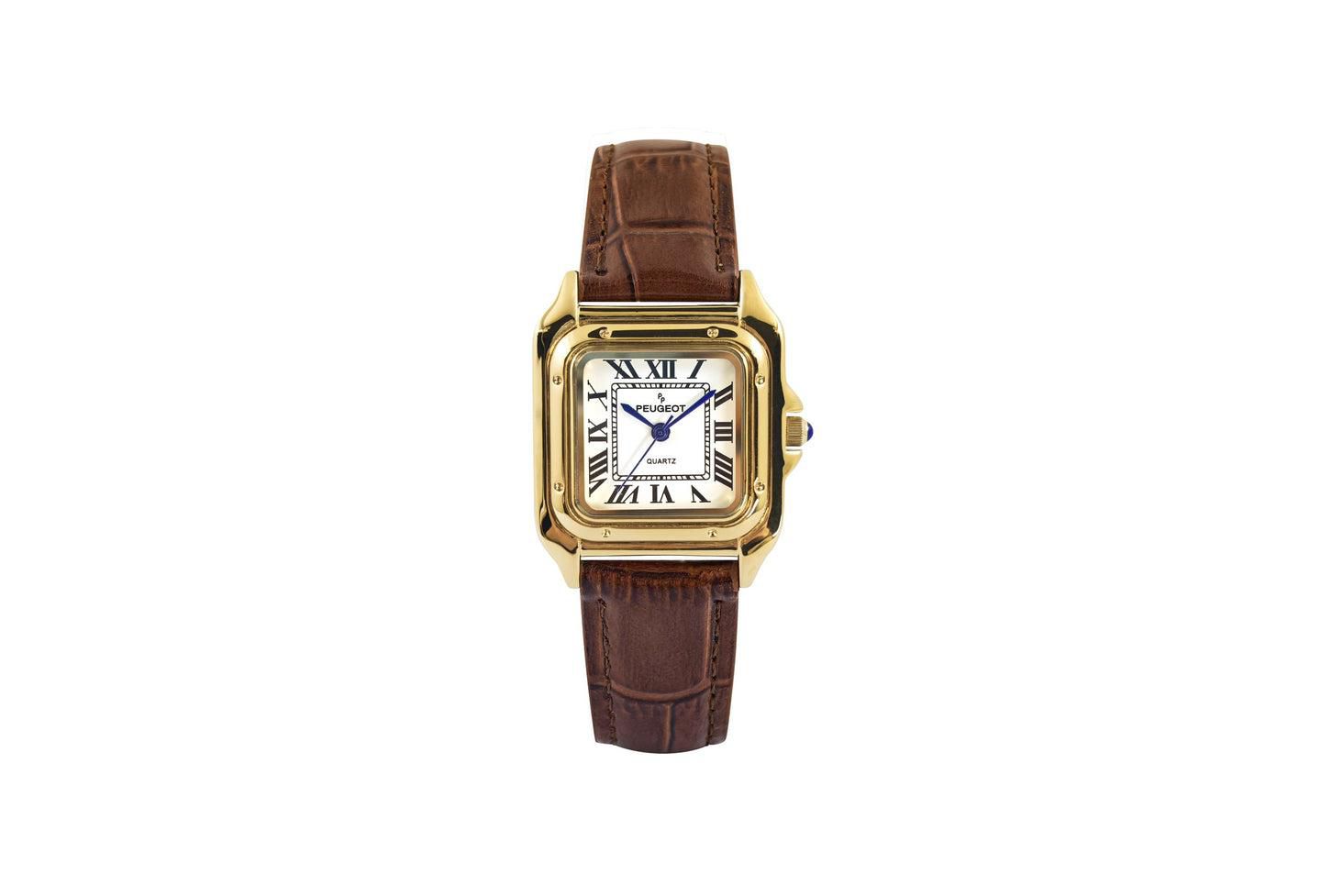Женские часы Peugeot 14K Gold-Plated 32mm Tank Shape Brown Leather Strap Watch, цвет: Коричневый — фото 1