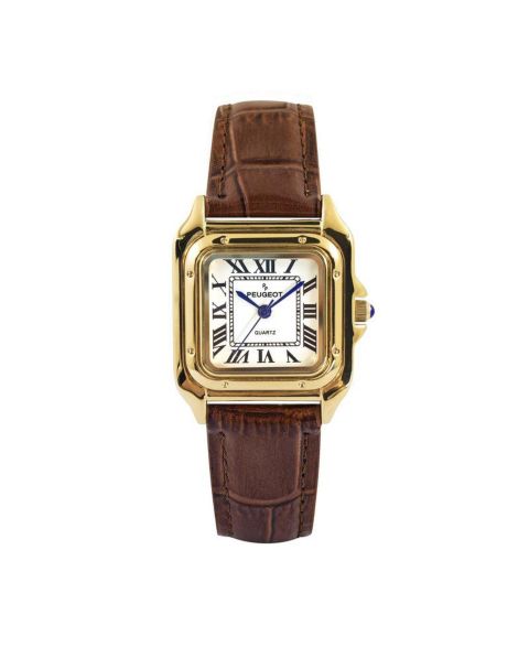 Женские часы Peugeot 14K Gold-Plated 32mm Tank Shape Brown Leather Strap Watch, цвет: Коричневый