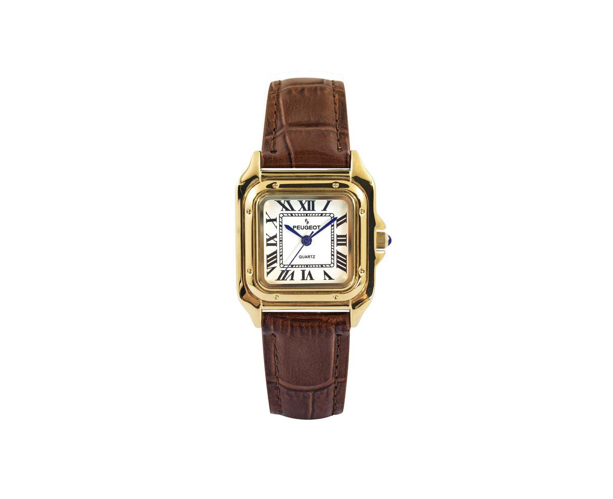 Women's 14K Gold-Plated 32mm Tank Shape Brown Leather Strap Watch - Brown