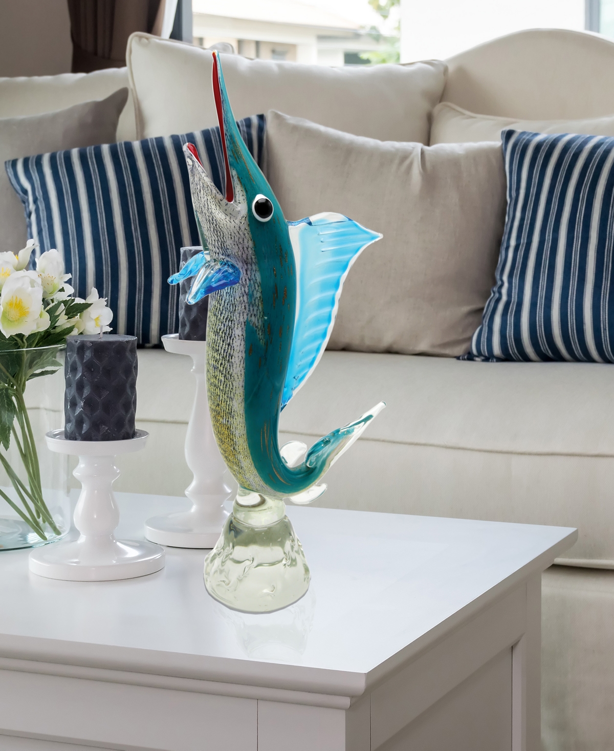 Dale Tiffany Marlin Art Glass Sculpture - 9" X 3.5" X 22.5" In Blue