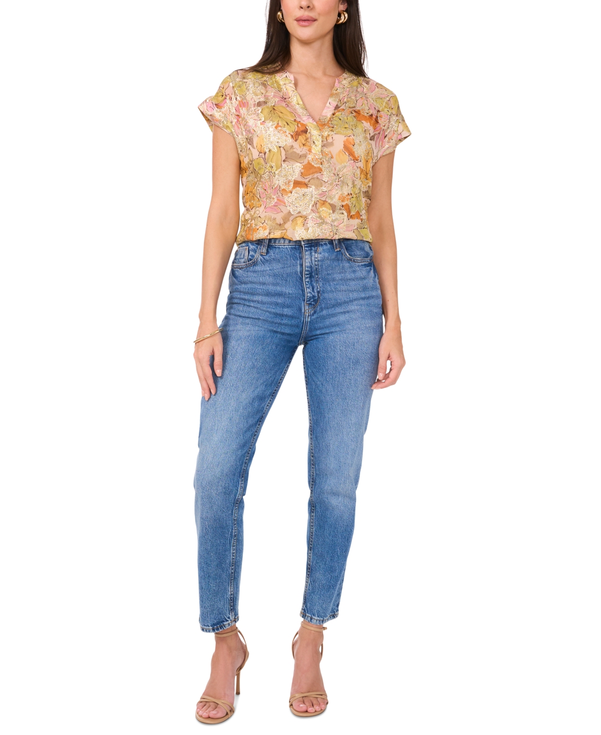 VINCE CAMUTO WOMEN'S FLORAL METALLIC SPLIT-NECK CAP-SLEEVE TOP 