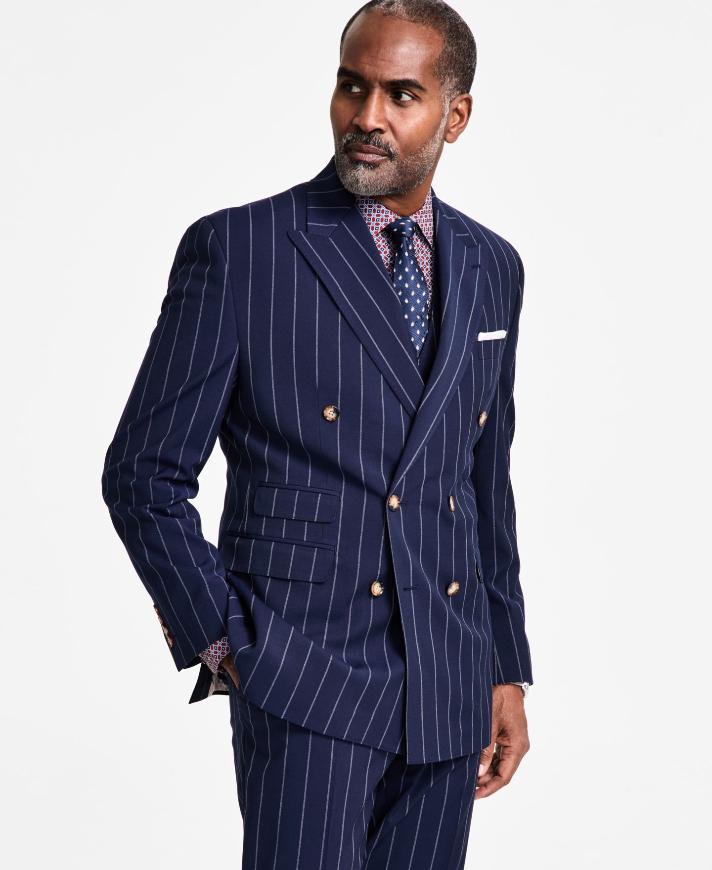 Мужские комплекты Tayion Collection Pinstriped Double-Breasted Suit Separate, цвет: Синий — фото 3