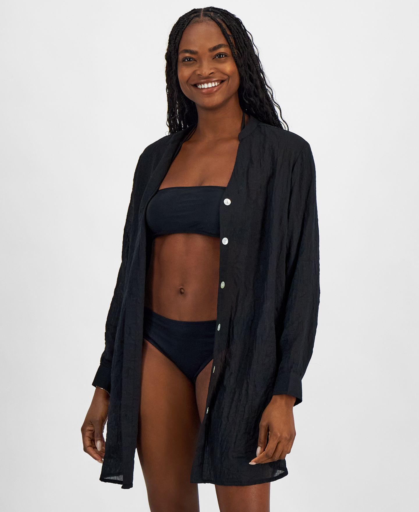 Женская рубашка J Valdi Big Shirt Button-Front Long-Sleeve Swim Cover-Up, цвет: Чёрный — фото 2