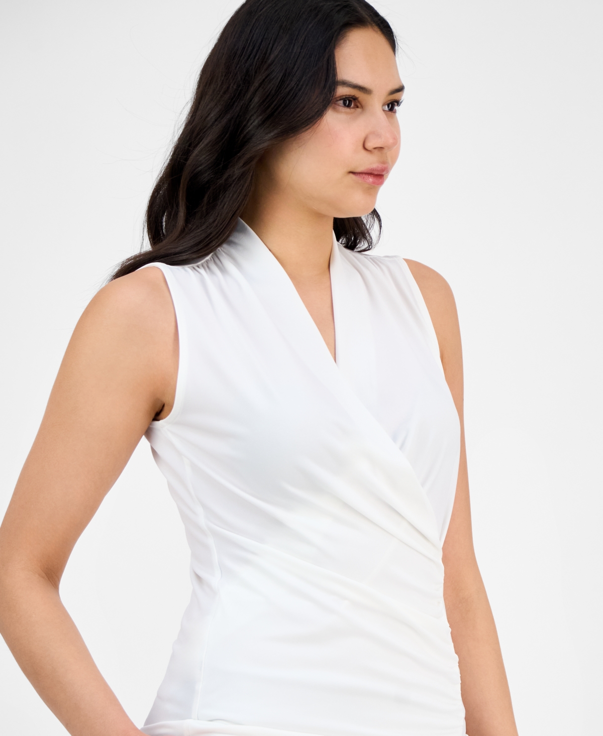 Anne Klein Shirred Faux Wrap Top In White Dove