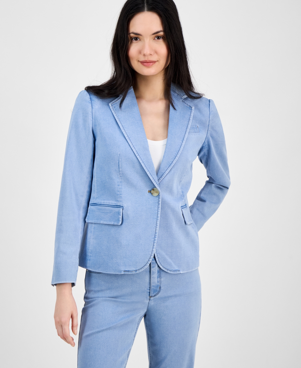 Shop Anne Klein Women's Denim Notched Collar One-button Blazer In Huntington Wash