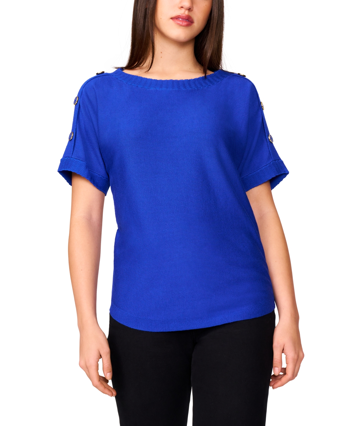 Melissa Paige Petite Button Detail Dolman Short-sleeve Sweater In Blue