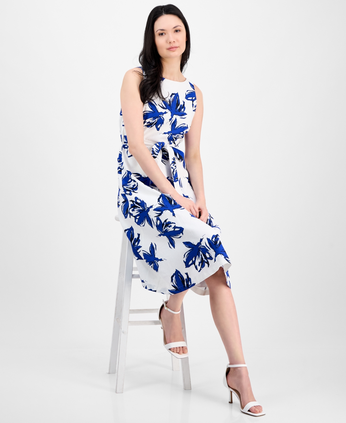 Anne Klein Plus Size Floral-print Linen-blend Fit & Flare Dress In Santorini Blue Multi