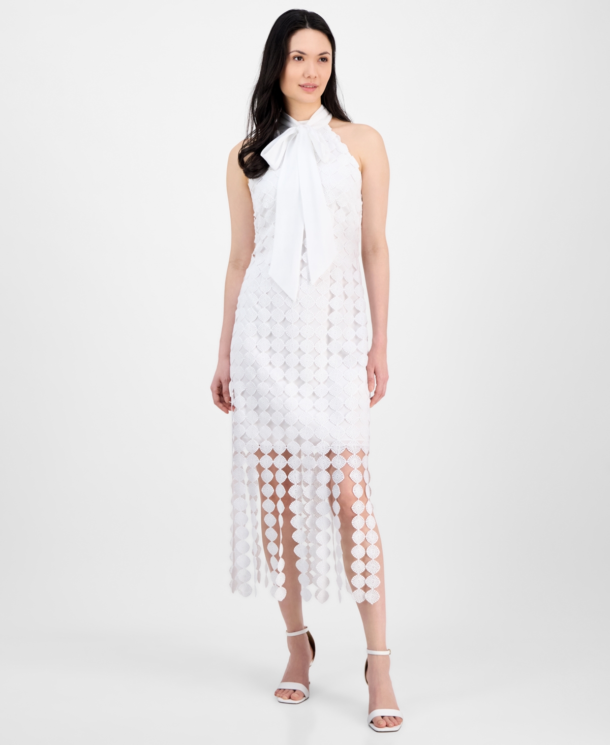 Anne Klein Lace Fringe Hem Sleeveless Maxi Dress In Bright White