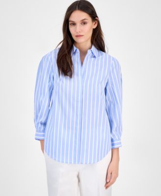 Anne Klein - Women's Cotton Poplin Striped 3/4-Sleeve Blouse
