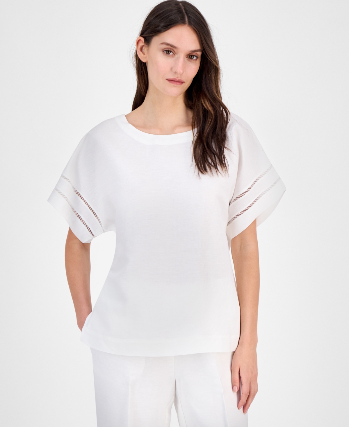 Anne Klein Ladder Stitch Inset Linen Blend Top In Bright White