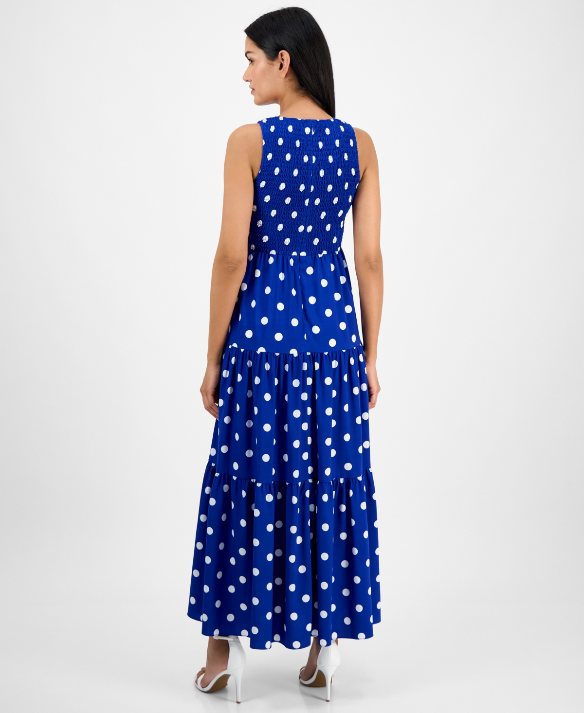 Shop Anne Klein Women's Printed Smocked Tiered Maxi Dress In Santorini Blue,bright White