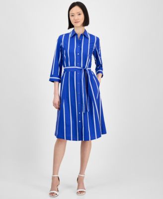 Anne Klein - Women's Striped 3/4-Sleeve Midi Shirtdress