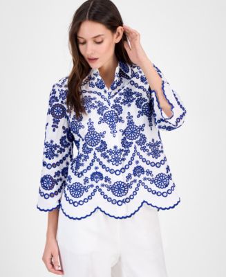 ORANDESIGNE Blusa Donna Manica Corta – Camicia Henley Floreale Con Plissé, Scollo A V, Bottone, Tunica Morbida, Taglia 42 Blu - 3