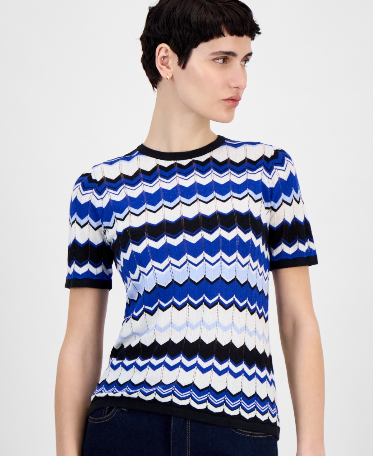 Anne Klein Women's Short-sleeve Chevron Knit Top In Santorini Blue Multi