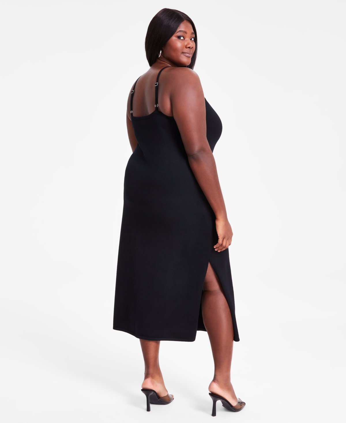 Bar Iii Trendy Plus Size Spaghetti-strap Knit Midi Dress, Exclusively At Macy's In Deep Black