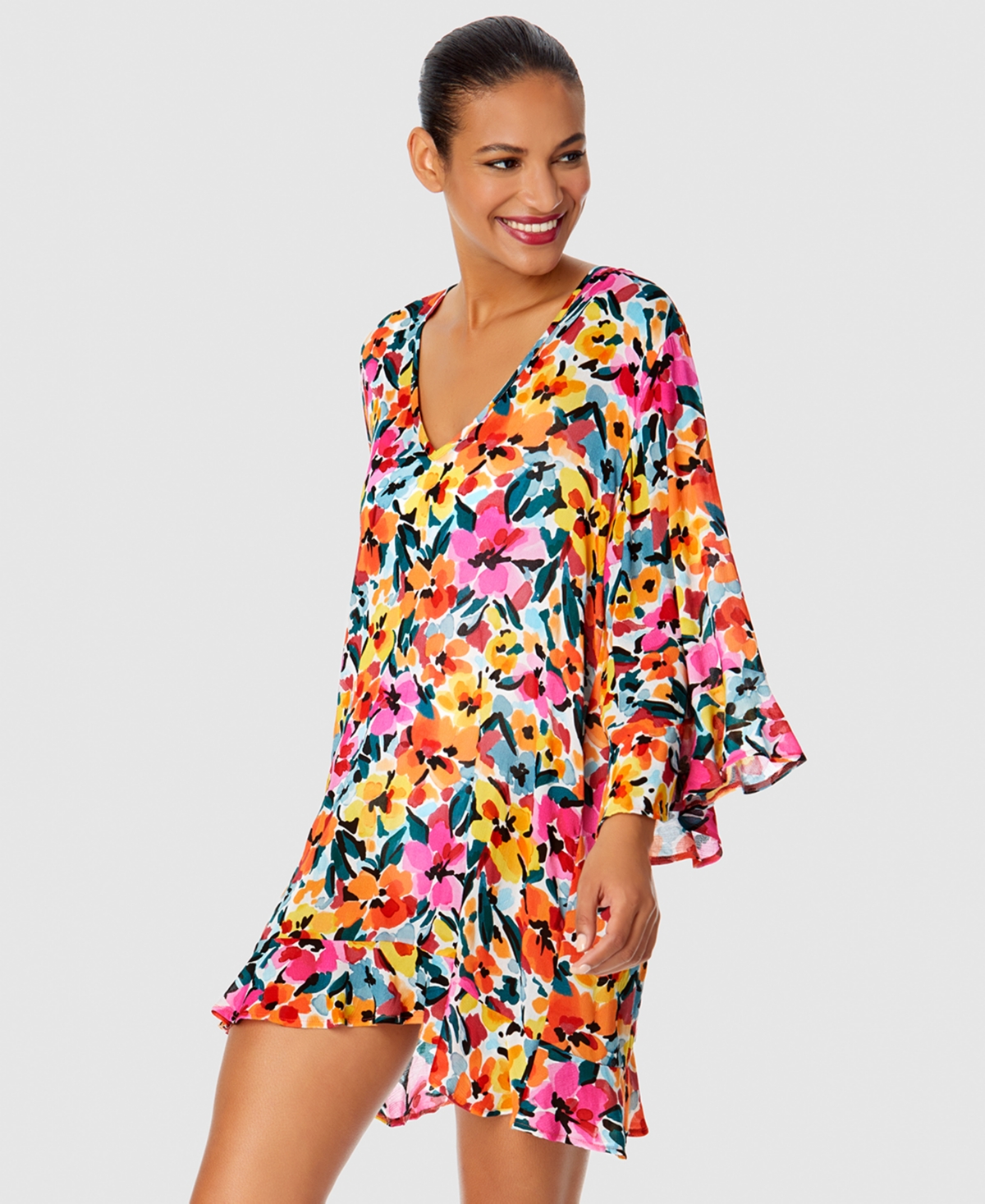Anne Cole Gradient Floral Flounce V Neck Tunic Swimsuit Cover Up In Multi