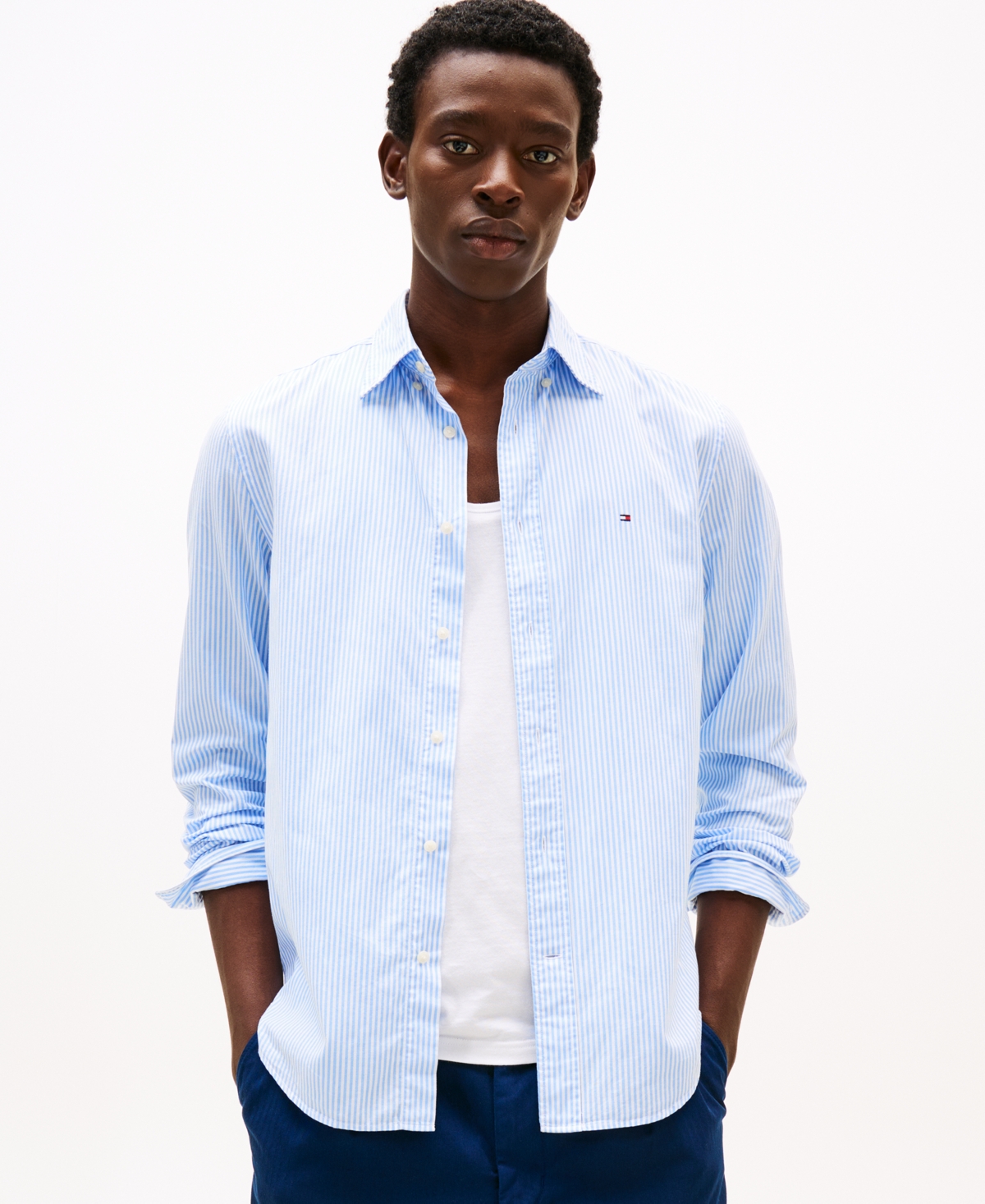 Tommy Hilfiger Men's Regular-fit Striped Poplin Shirt In Sweet Blue,optic White