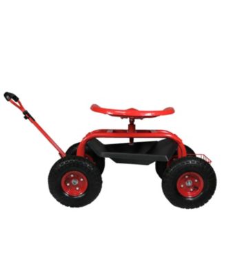 Garden Cart Rolling Scooter with Extendable Steering Handle - Swivel Seat and Utility Basket - Red