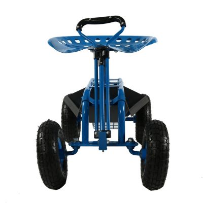 Garden Cart Rolling Scooter with Extendable Steering Handle - Swivel Seat and Utility Basket - Blue