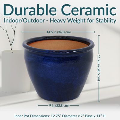 Chalet Outdoor/Indoor High-Fired Glazed UV- and Frost-Resistant Ceramic Planter with Drainage Holes - 15" Diameter