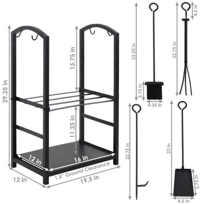 5pc Indoor/Outdoor Steel Log Holder with Fireplace Tool Set, Tongs, Poker, Shovel and Brush - Black
