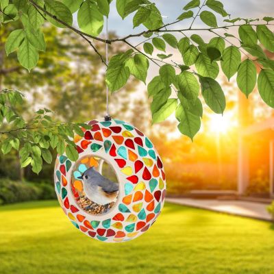 Outdoor Garden Patio Round Glass with Mosaic Design Hanging Fly-Through Bird Feeder - 6"