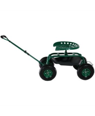 Garden Cart Rolling Scooter with Extendable Steering Handle - Swivel Seat and Utility Basket - Green