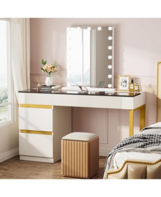 Vanity Desk: White & Gold Makeup Table with Glass Top, 4 Drawers & Visual Storage – Modern Dresser for Bedroom