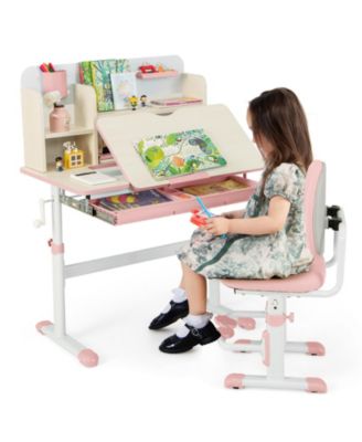 Kids Height Adjustable Children School Home Study Table and Chair Set with Tilted Desktop for 3-12 Years Old