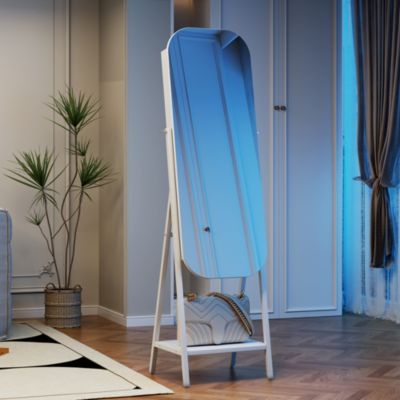 Round Mirror Jewelry Cabinet with Door & Wall Storage