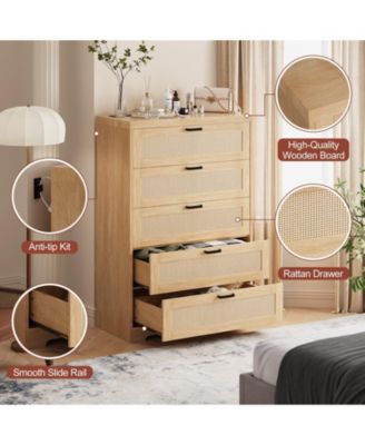 5 Drawer Rattan Dresser for Bedroom, 47.27” Tall Dresser with Power Outlets, Wood Dresser Chest of Drawers with Metal Handles for Living Room Closet Hallway Entryway