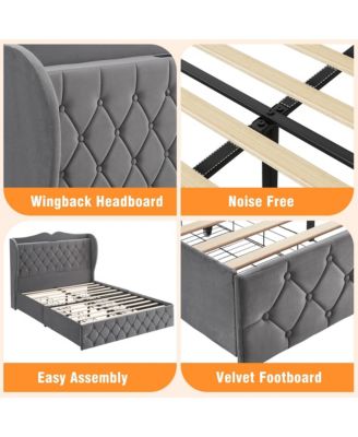 Queen Size Grey Velvet Bed Frame with 4 Convenient Storage Drawers, Wingback Headboard with Charging Station