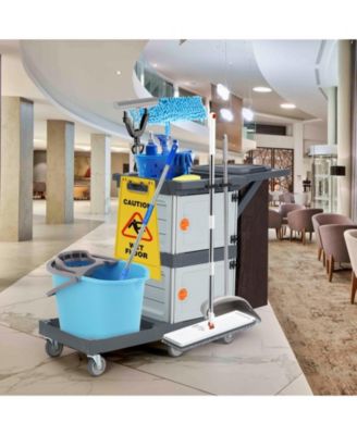Commercial Janitorial Cart with Cabinet, 3-ply Multi-Purpose Engineered Plastic Housekeeping Car