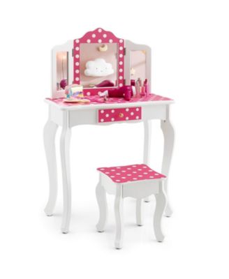 Kids Vanity Table and Stool Set with Cute Polka Dot Print