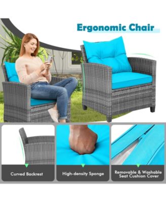 3 Pieces Outdoor Wicker Conversation Set with Tempered Glass Tabletop