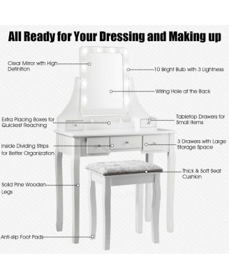 Vanity Dressing Table Set with 10 Dimmable Bulbs and Cushioned Stool