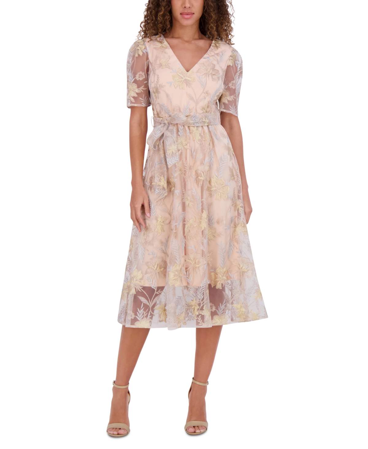 Women's Embroidered Mesh Tie-Waist Midi Dress - Champagne