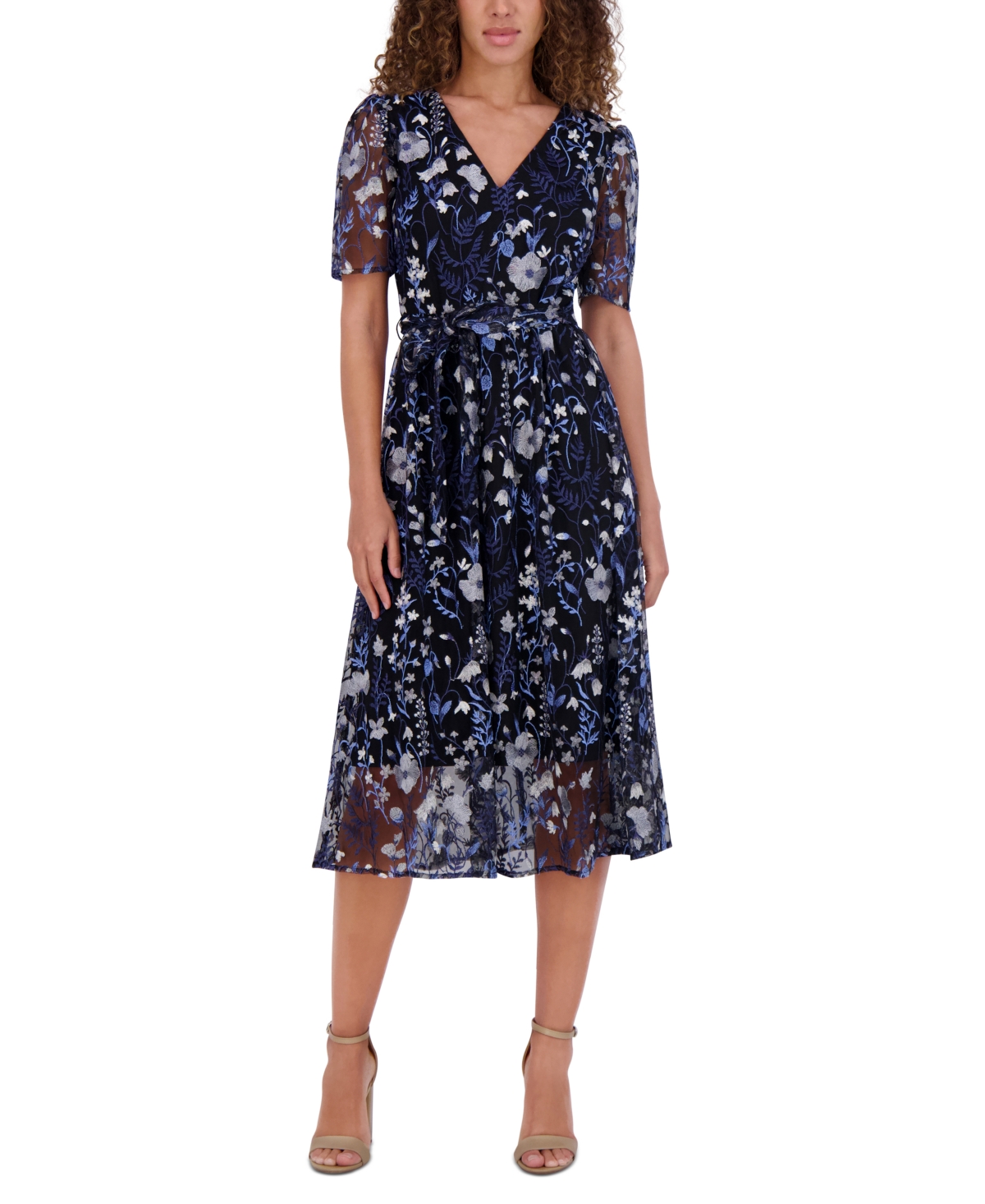Women's Embroidered Mesh Tie-Waist Midi Dress - Navy/multi