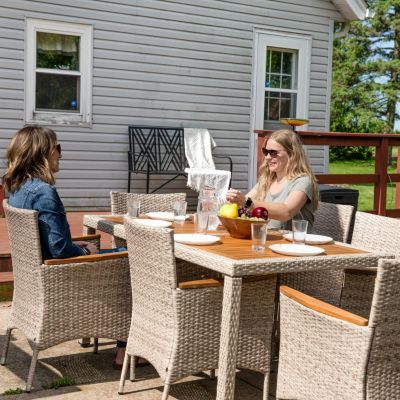Outdoor Rattan and Acacia Wood Foxford Patio Dining Set with Table, Chairs, and Seat Cushions - Gray - 7pc
