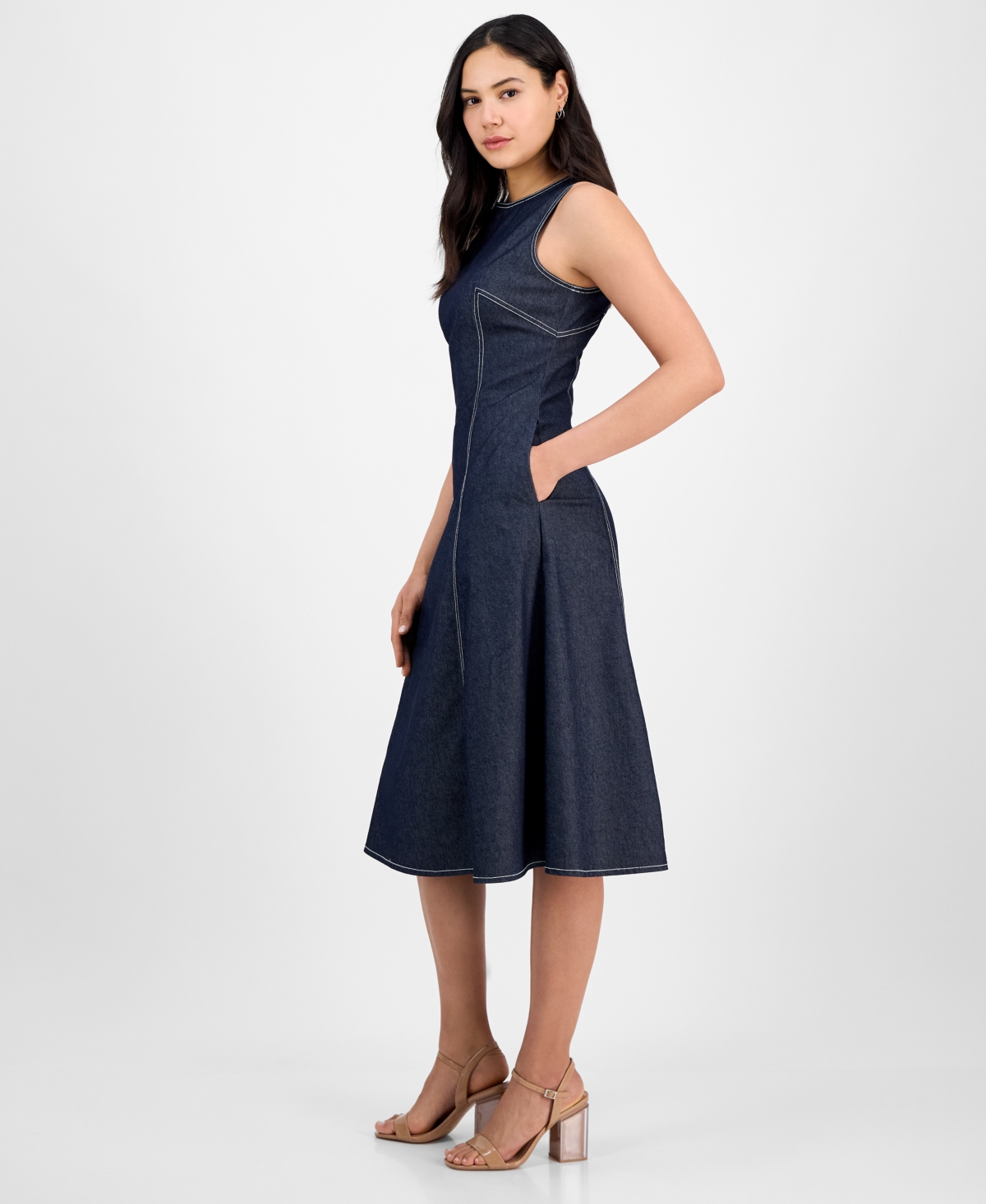 Shop Vince Camuto Women's Fit & Flare Cotton Denim Midi Dress In Navy